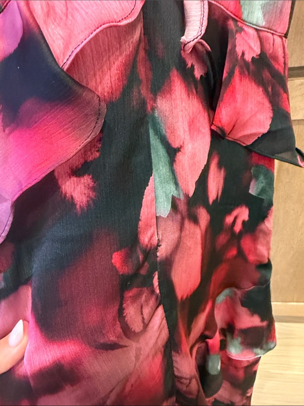 Ted Baker Black Top with Pink Floral Ruffle Skirt Midi Dress - Picture 7 of 8